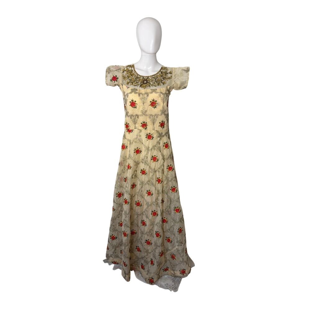 Gold & Red Embroidered Anarkali Dress Kurti Long Ethnic Suit Size S/M
